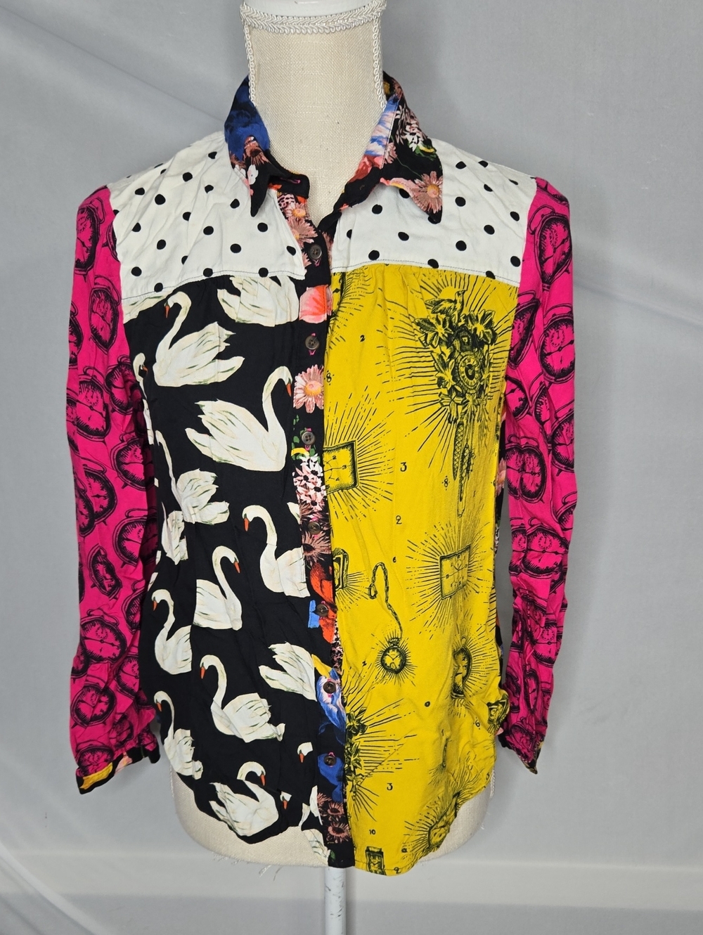 Anthropologie Maeve Floral & Polka Dot Blouse in Black, White, Pink,Yellow Small